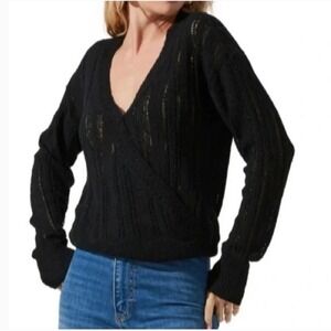 NWT Black V Neck Wrap Knit Sweater Long Sleeve Textured SZ Small